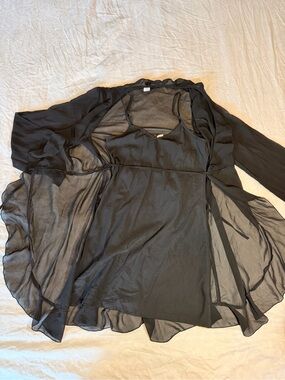 twik Black Sheer Tie-Waist Long-Sleeve Dress and Slip Set